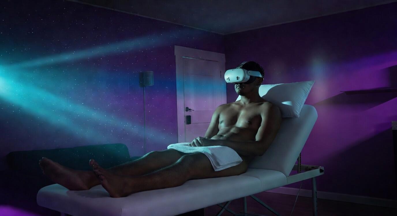 Immersive VR relaxation massage for men at Damon Spa Studio For Men in Vancouver with private treatment room and atmospheric lighting.