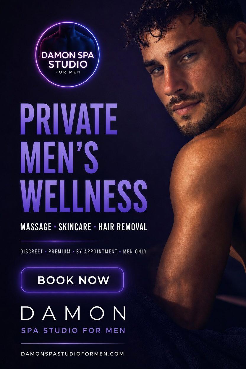 poster advertising private men's wellness services such as massage for men, male skincare and body hair removal in Vancouver at Damon Spa Studio for Men in West End, close to Kitsilano and Mount Pleasant