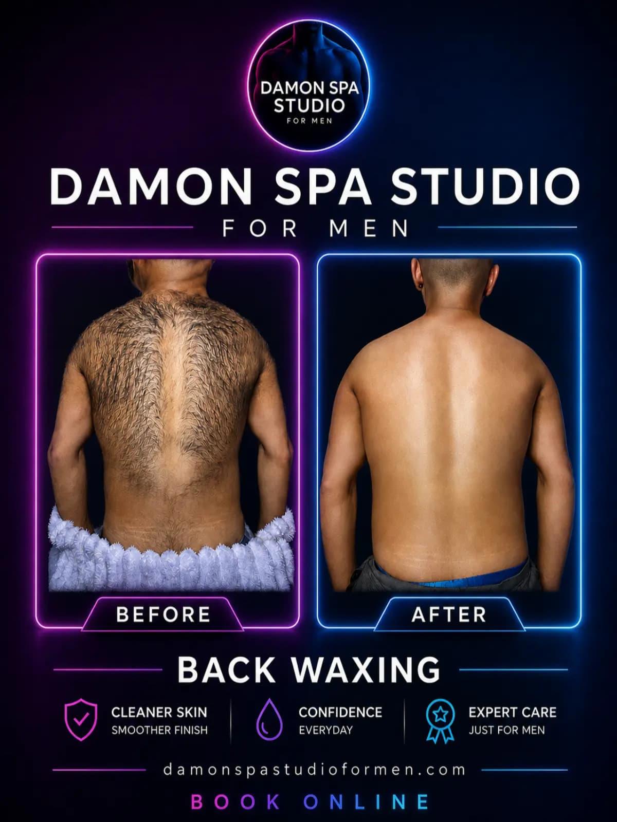 before and after wax photo of male back waxing Vancouver at private Damon Spa Studio for Men in downtown, Davie Village