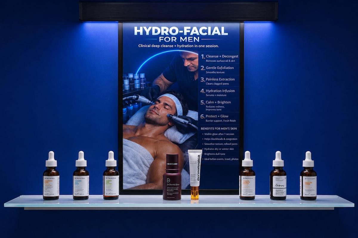 Men's hydro-facial treatment display and premium skincare products at Damon Spa Studio for Men in Vancouver West End