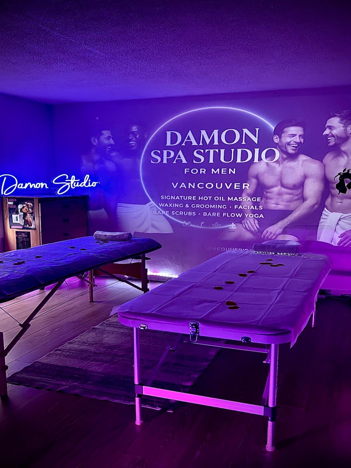Massage room set up for male couples massage side by side by two therapists at Damon Spa Studio For Men in West End Vancouver BC