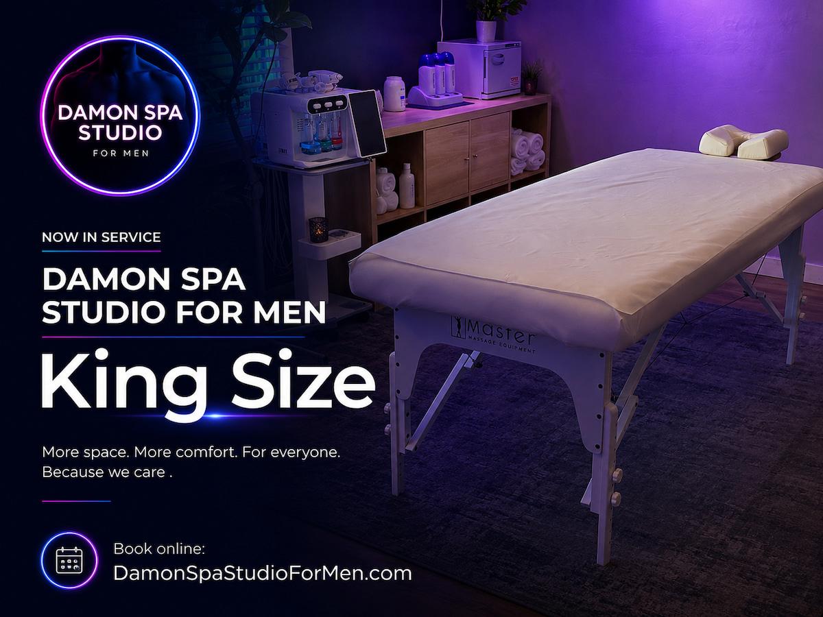 King-size massage table in a private men’s wellness studio at Damon Spa Studio For Men in Vancouver’s West End, offering massage, bodywork, facials, manscaping, and grooming services for men.