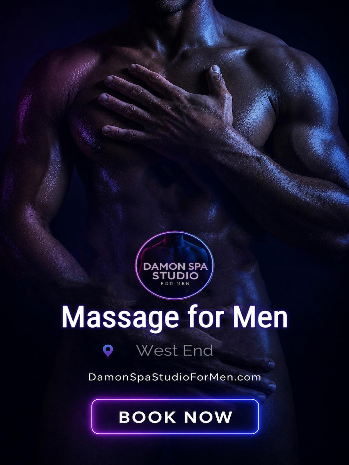 Promotional image for Damon Spa Studio For Men showing a masculine torso in dark blue and purple lighting, with text advertising massage for men in Vancouver’s West End and a Book Now call to action.
