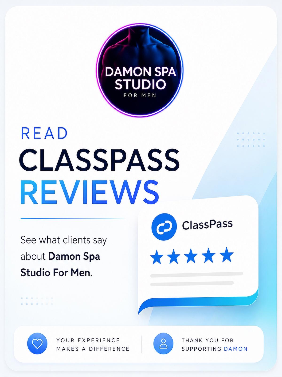 White card to read clients testimonials card for damon spa studio for men vancouver west end Davie Village on ClassPass platform