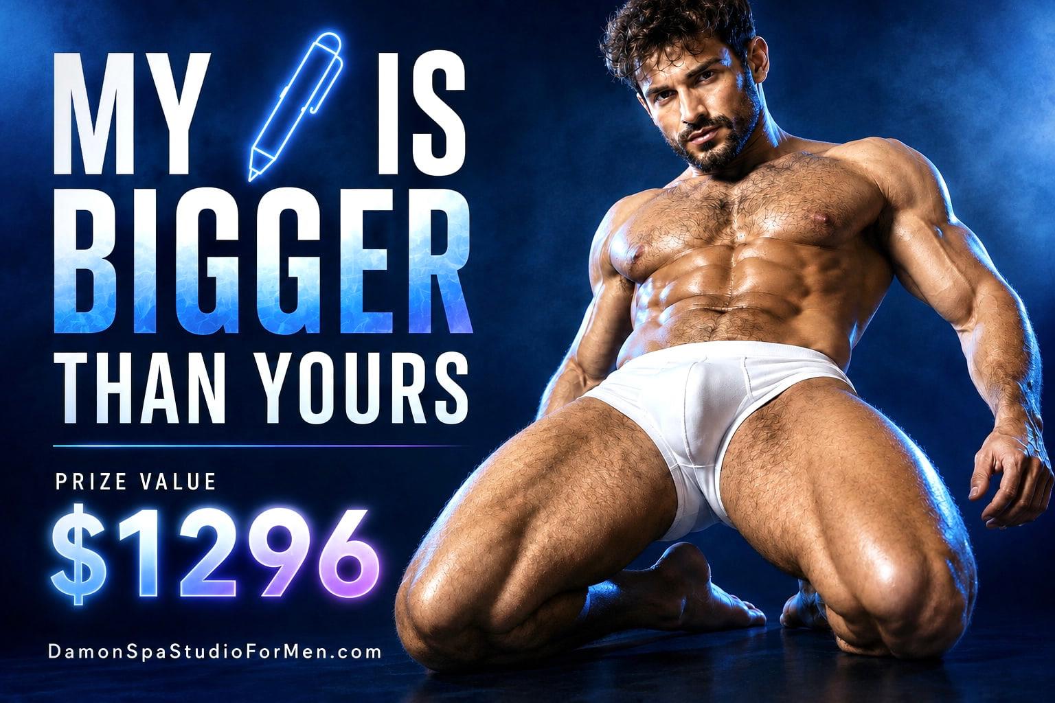My Pen Is Bigger Than Yours Size Contest Poster at Damon Spa Studio for Men