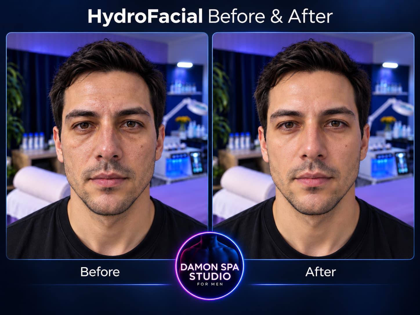 Men’s hydro-facial before and after at Damon Spa Studio for Men in Vancouver, showing smoother texture, cleaner-looking pores and hydrated skin.
